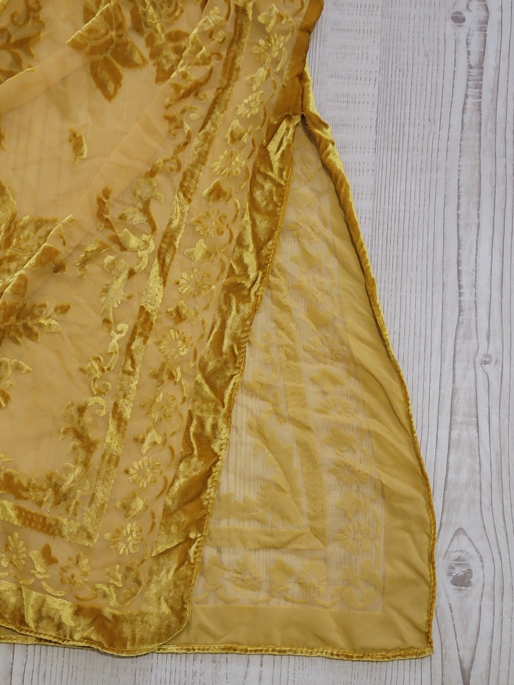 Mustard Gold Floral Velvet Burnout Sheer Duster Kimono Cape One Size Whimsical - Picture 6 of 6